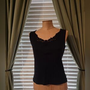 Lauren Ralph Lauren Black Ribbed Knit Lace Trim Scoop Neck Tank Top M
